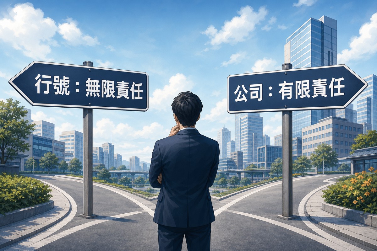 一位創業者站在岔路口，左邊指標牌寫著行號無限責任、右邊指標牌寫著公司有限責任