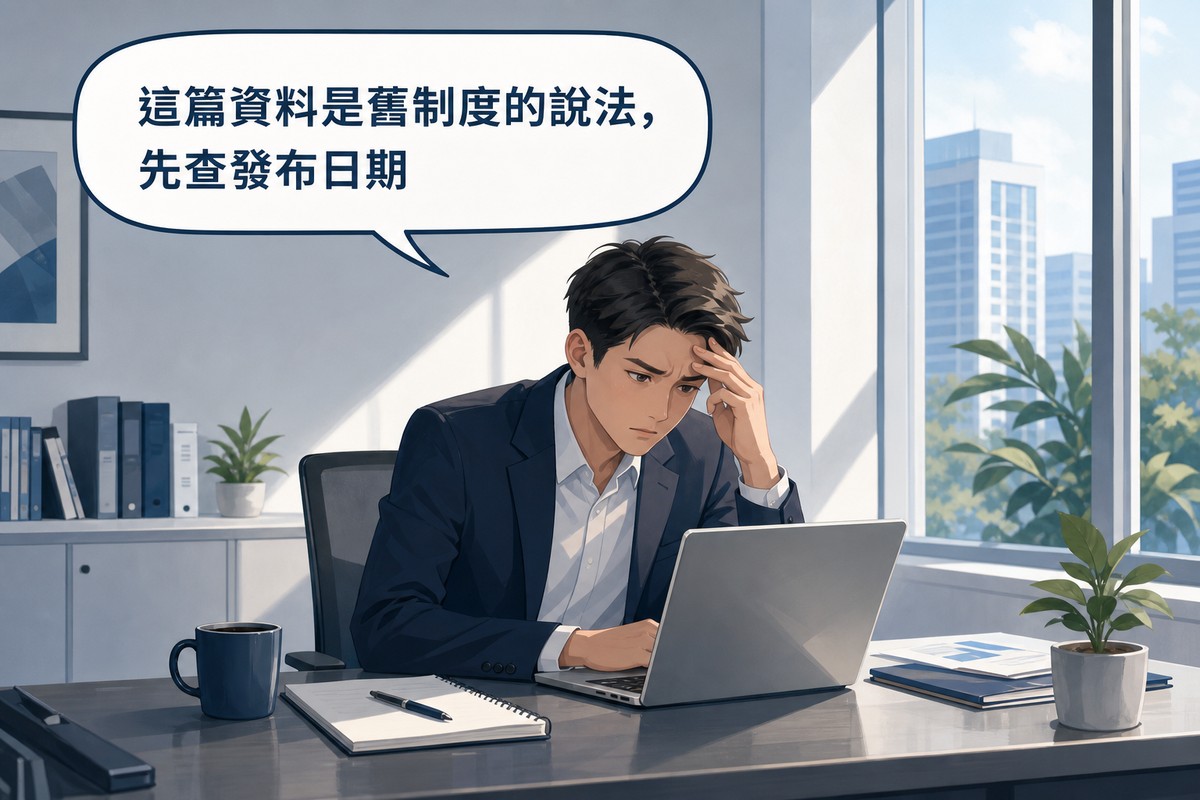 一位商務人士坐在筆電前露出困惑表情，畫面上方氣泡寫著這篇資料是舊制度的說法先查發布日期