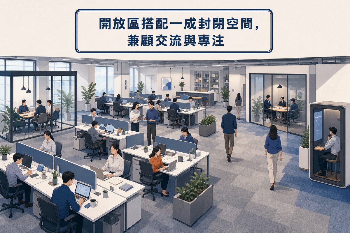 開放式辦公區鳥瞰視角,大部分是開放座位,角落有玻璃會議室與電話亭,上方標示牌寫著開放區搭配一成封閉空間兼顧交流與專注