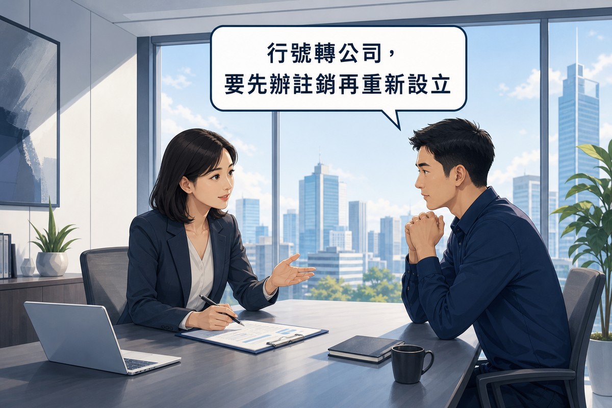 商務中心顧問與創業者面對面對話，畫面上方氣泡寫著行號轉公司要先辦註銷再重新設立