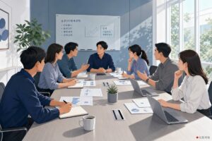 會議桌兩側坐著人數相同的雙方，末端一人做成會議紀錄