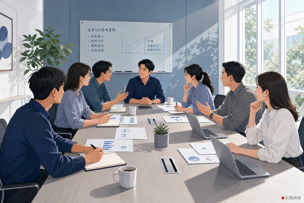會議桌兩側坐著人數相同的雙方，末端一人做成會議紀錄