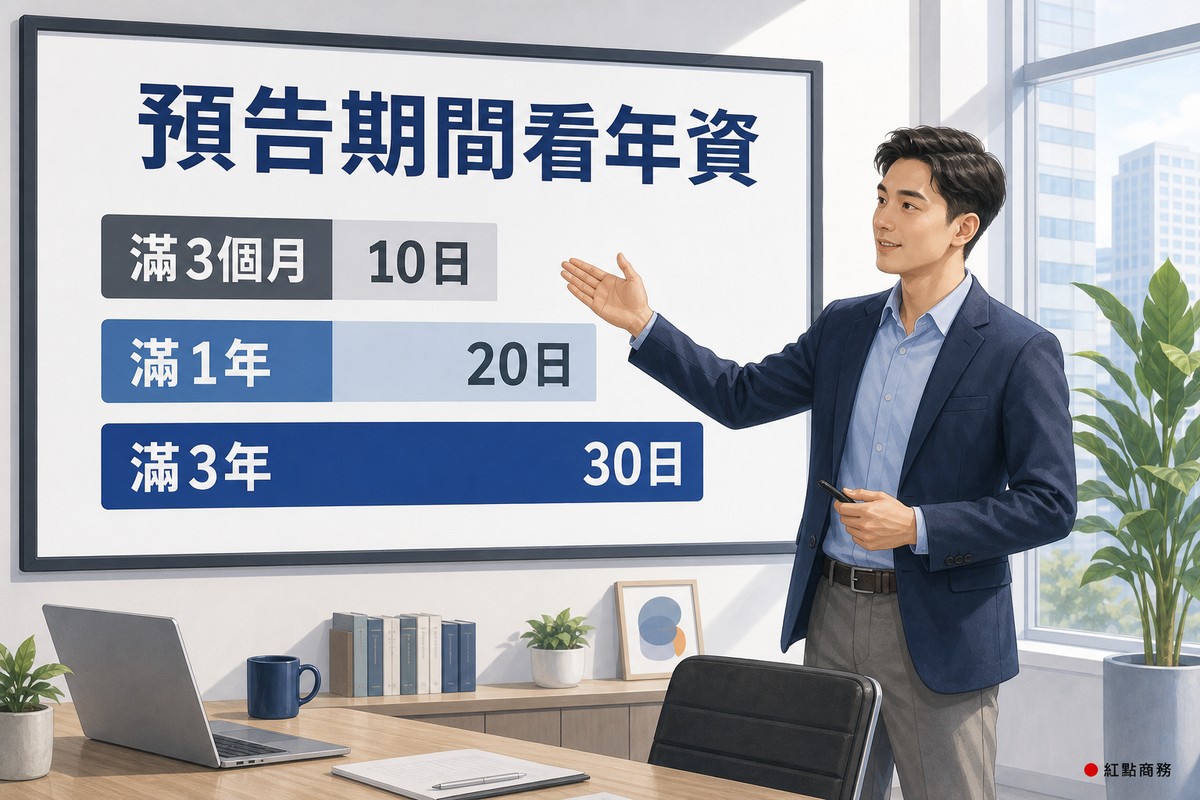 簡報板以三根遞增長條呈現年資對應的預告日數