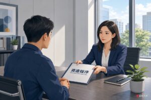 人資主管與員工在會議室進行資遣程序說明