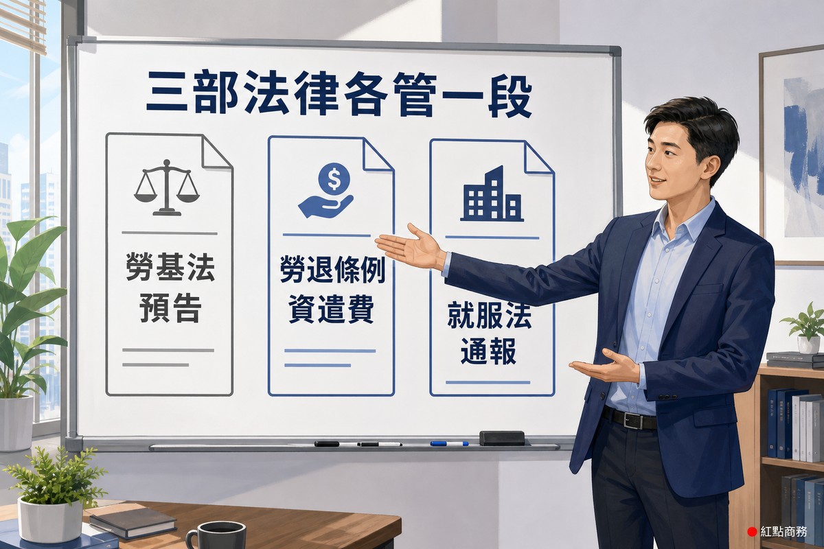 簡報板並列三部法律各自負責的資遣義務