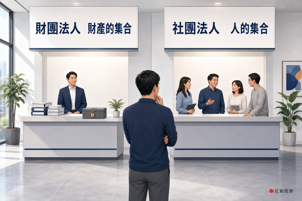 兩個櫃台分別標示財團法人是財產的集合與社團法人是人的集合