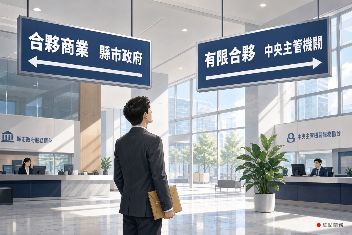 辦公大廳兩塊指示牌標示合夥商業與有限合夥的登記機關