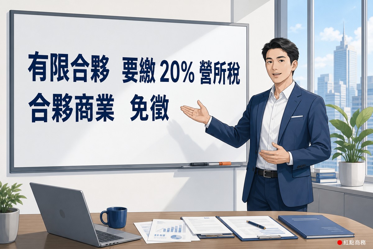簡報板上說明有限合夥與合夥商業的營所稅差異