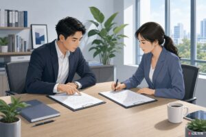 雙方隔著會議桌逐條檢視同一份書面約定，各持一份