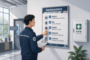 安全衛生負責人在牆上的應變流程圖前逐步確認