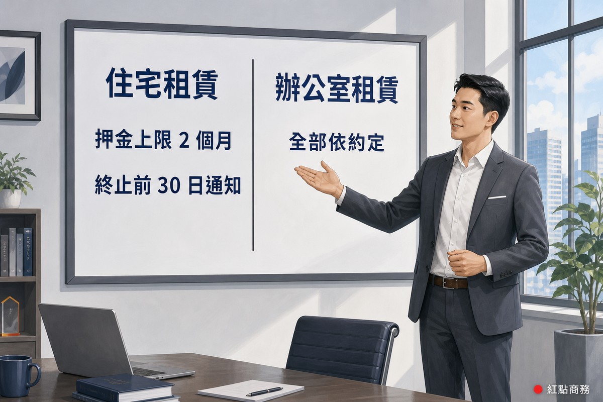 簡報板以兩欄比較住宅租賃與辦公室租賃的規定