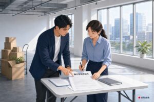兩人在空辦公室內逐條檢視辦公室租賃契約