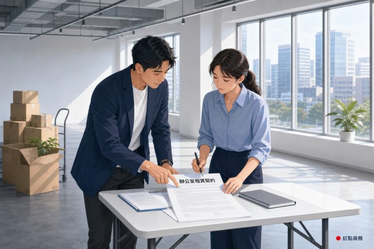 兩人在空辦公室內逐條檢視辦公室租賃契約