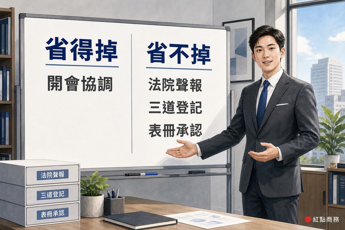 簡報板比較一人公司解散省得掉與省不掉的項目