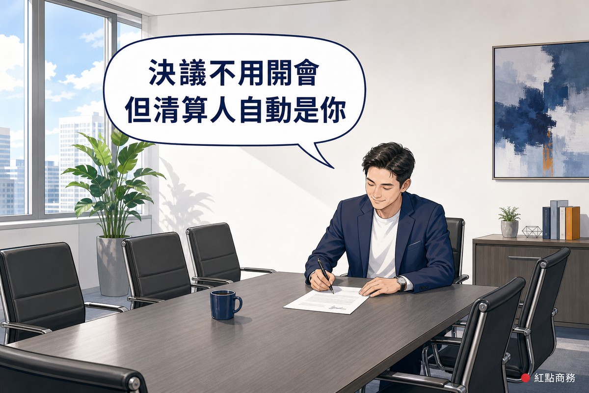 唯一股東獨自在會議桌前簽署解散決議文件