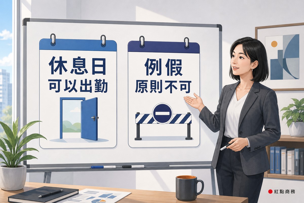 簡報板以開門與柵欄對比休息日與例假可否出勤