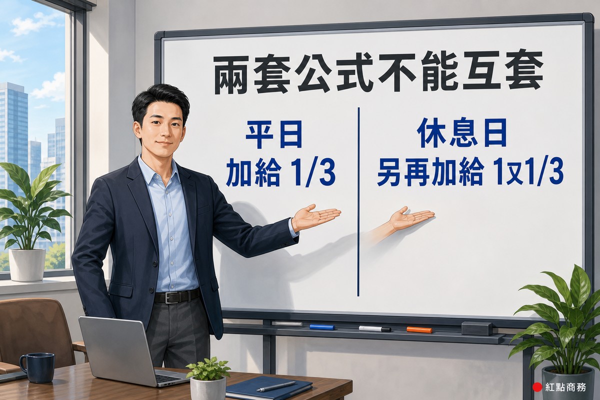 簡報板以兩欄對比平日加給與休息日另再加給的係數