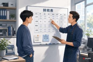 店主與兼職人員一同確認排班表