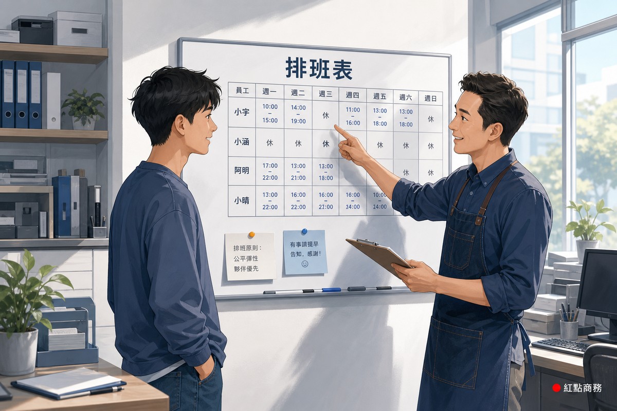 店主與兼職人員一同確認排班表