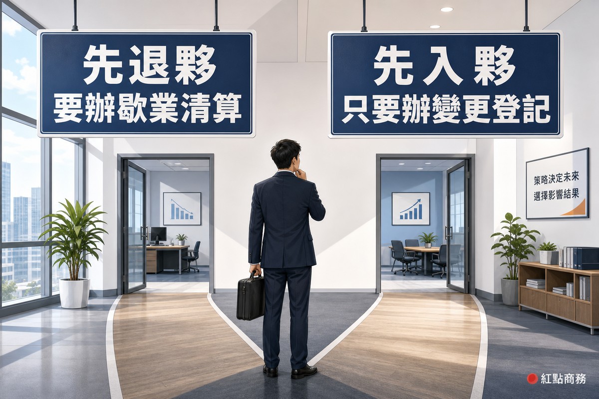 辦公空間岔路上方兩塊指示牌標示先退夥與先入夥