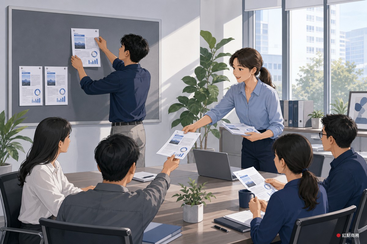 同一畫面中一人張貼公告、另一人逐份發給同仁