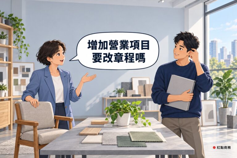 明亮的小型室內設計工作室，左邊穿霧藍色西裝外套的短捲髮女合夥人一手扶著木頭單椅樣品、一手攤開發問，右邊穿靛藍色針織衫的男合夥人抱著灰色資料夾、摸著太陽穴思考，中間的灰色工作桌上有空白布樣和一盆綠色植物，後面是淡灰藍色的牆和看得到城市的大窗戶，對話氣泡寫著增加營業項目要改章程嗎