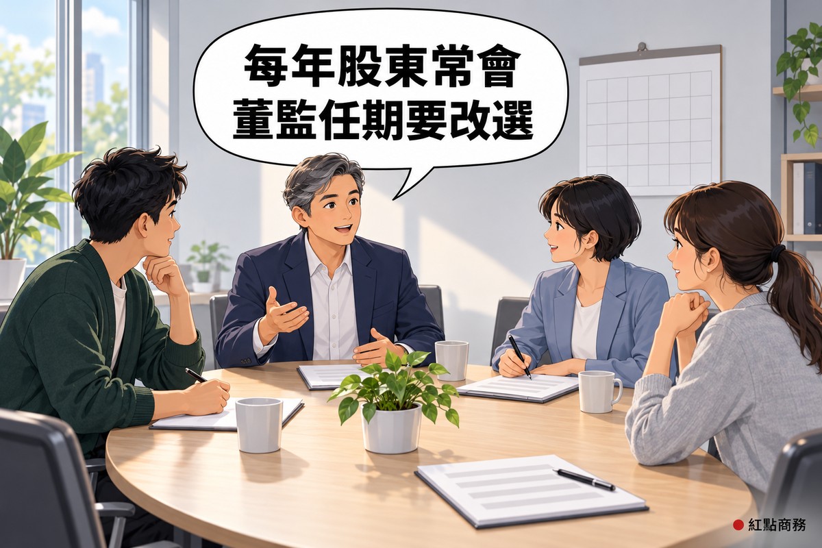 明亮的會議室,四人圍著淺色橢圓木桌開會,主位穿靛藍色西裝外套、灰色短髮的男子攤開一手開口說話,穿霧藍色西裝外套的女子在空白便條本上記錄,穿深綠色開襟衫的年輕男子與綁低馬尾的女子點頭聆聽,牆上有一本沒有數字的空白月曆,對話氣泡寫著每年股東常會董監任期要改選