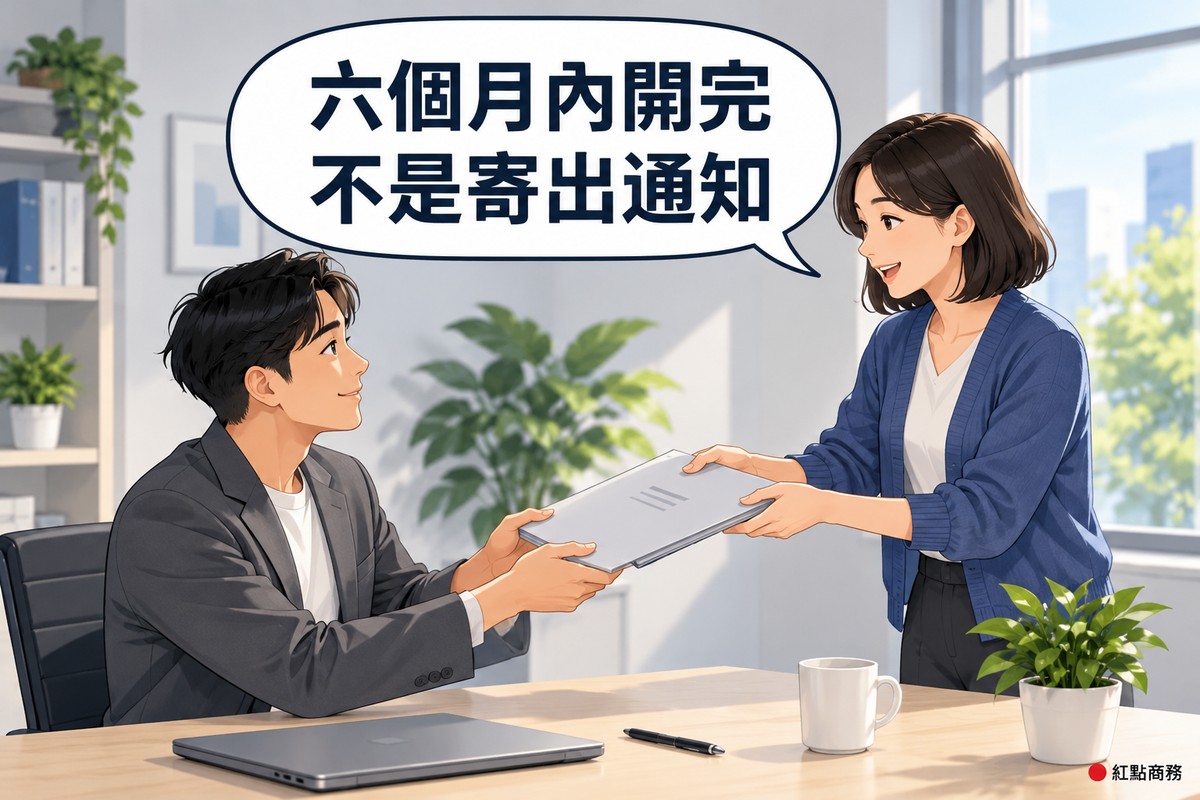 明亮的小辦公室,右邊短鮑伯頭、穿靛藍色開襟衫的女會計師站在桌邊,雙手把空白資料夾交給坐著的男負責人並微笑說明,男負責人雙手接過點頭,對話氣泡寫著六個月內開完不是寄出通知