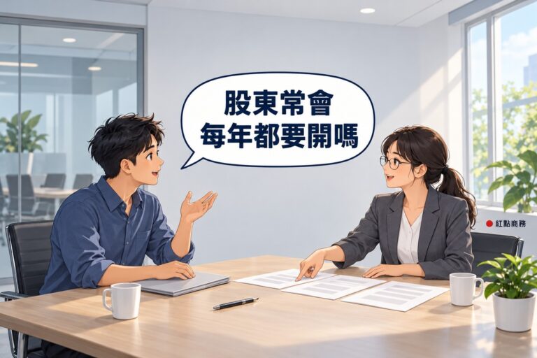 明亮的小會議室,左邊短黑髮、穿霧藍色襯衫的公司負責人一手放在空白資料夾上、一手攤開發問,右邊綁低馬尾、戴眼鏡、穿石墨灰西裝外套的女顧問指著桌上幾張空白文件微笑說明,後方霧面玻璃裡是一張空的大會議桌,對話氣泡寫著股東常會每年都要開嗎