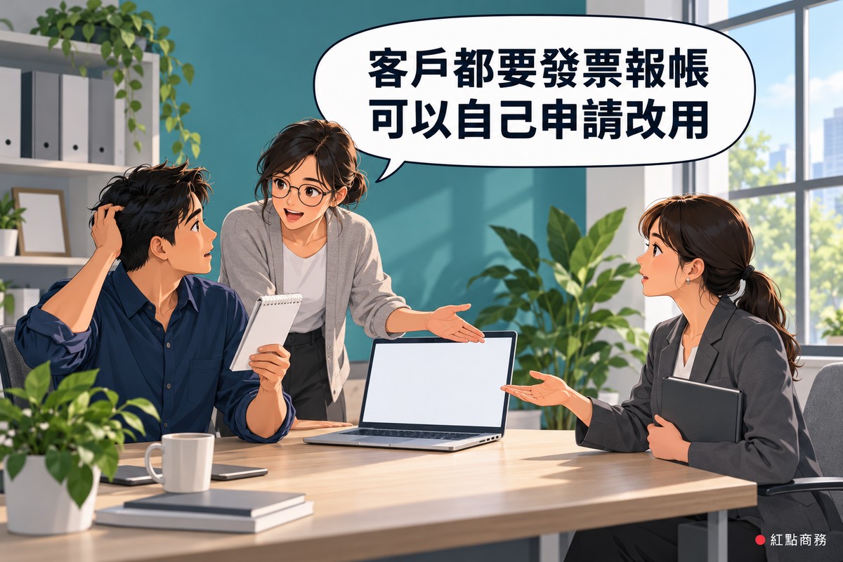 有一面藍綠色牆的小工作室裡,穿深藍色襯衫、捲起袖子的男性老闆坐在木桌左邊,一手抓著頭、一手拿著一本空白的收據本;站在他旁邊、戴眼鏡穿淺灰色針織外套的女會計師身體前傾,伸手比向桌上螢幕空白的筆電,正在說話;坐在桌子右邊、綁馬尾穿深灰色西裝外套的女性企業客戶一手抱著資料夾、一手攤開手掌等著拿單據,後面有綠色植物、放著空白資料夾的層架和白天的窗景,對話氣泡寫著客戶都要發票報帳,可以自己申請改用