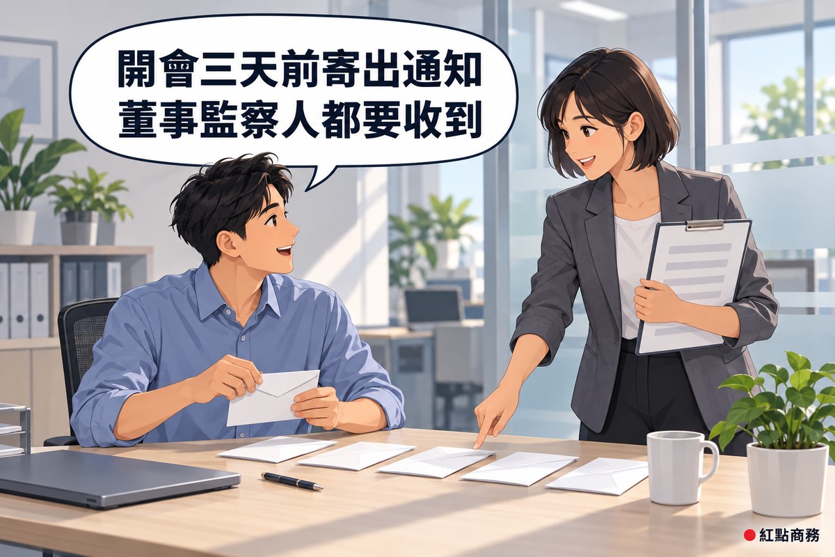 明亮的小辦公室,左邊短髮、穿霧藍色襯衫的男行政坐在桌前封好一排空白信封,抬頭微笑說話;右邊短鮑伯頭、穿石墨灰西裝外套的女同事站在桌邊拿著空白夾板,逐一指著那排信封確認,對話氣泡寫著開會三天前寄出通知董事監察人都要收到