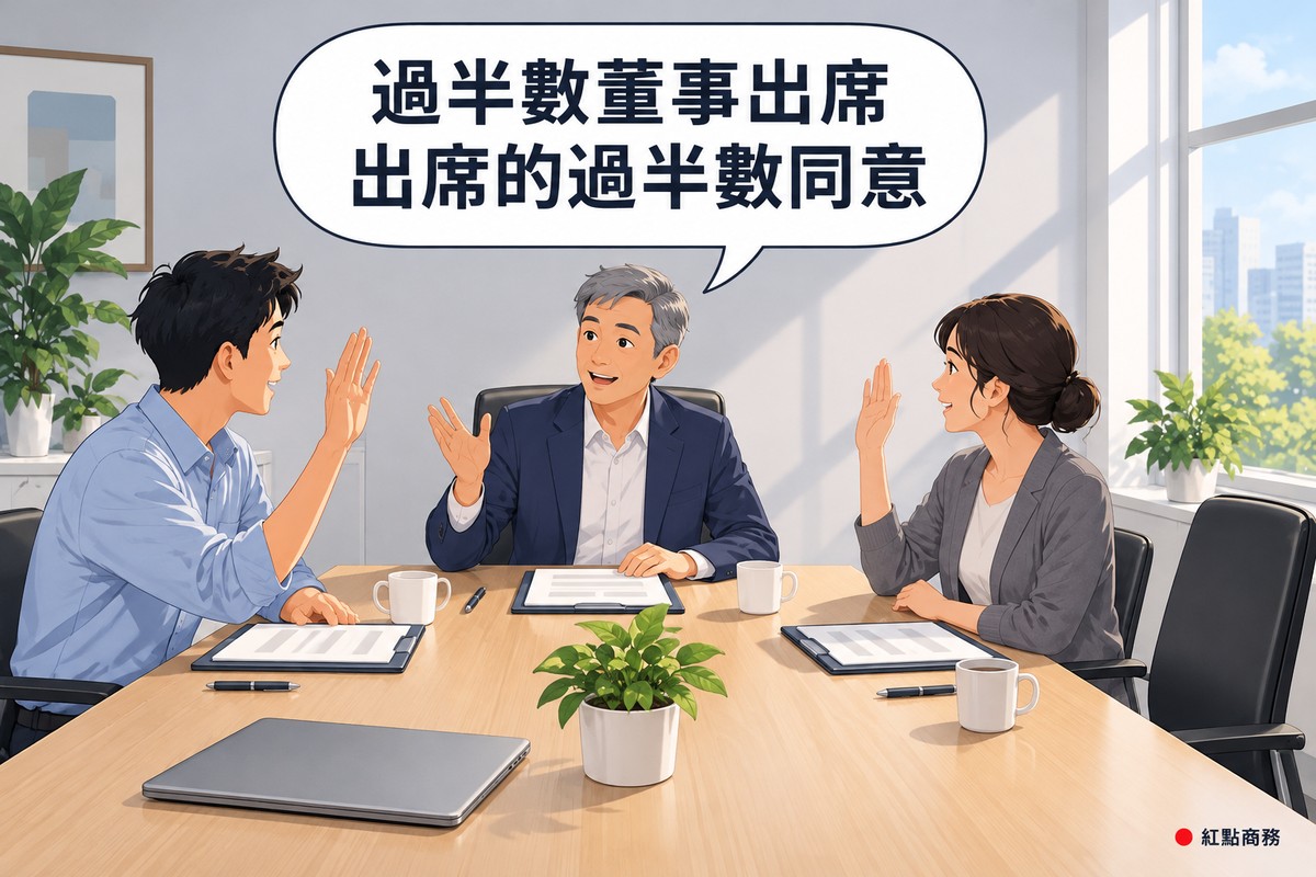 明亮的會議室,三位董事圍著木桌開會,桌尾空著一張椅子;主位短灰髮、穿靛藍色西裝外套的男董事長舉起手環視全桌說話,盤低髻、穿石墨灰開襟衫的女董事與短髮、穿霧藍色襯衫的年輕男董事各舉一手表示同意,對話氣泡寫著過半數董事出席出席的過半數同意