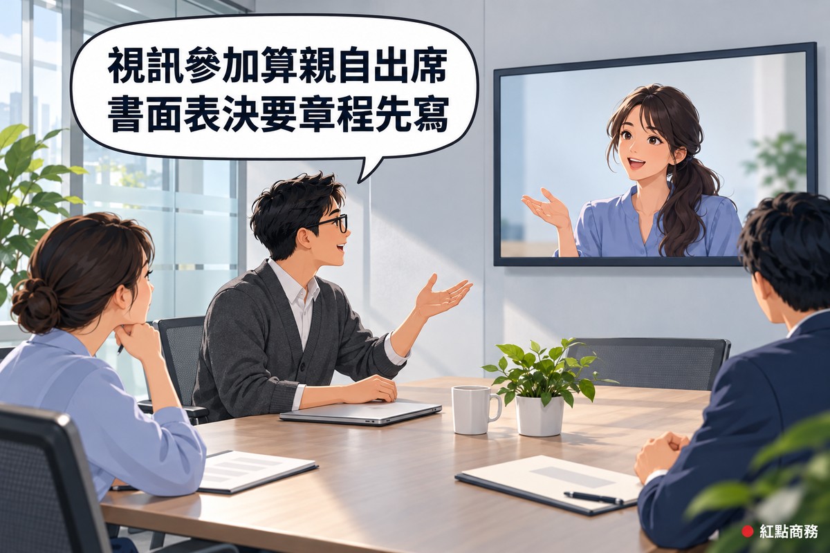 明亮的會議室,牆上大螢幕裡一位長髮綁馬尾、穿霧藍色上衣的女董事在國外用視訊連線開會、微笑比手說話;桌邊短髮、戴眼鏡、穿石墨灰開襟衫的男董事轉向螢幕攤手說話,另有兩位董事在桌邊聽著,對話氣泡寫著視訊參加算親自出席書面表決要章程先寫
