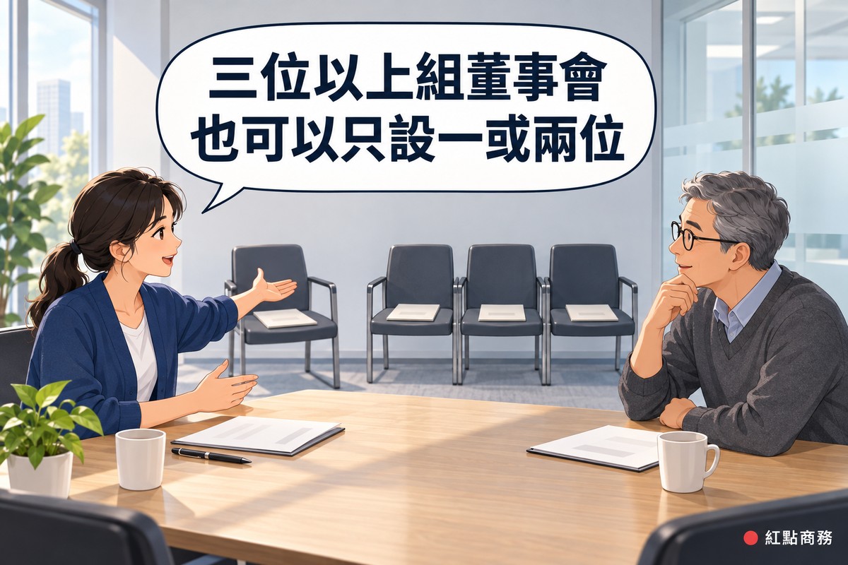 明亮的小會議室,左邊綁低馬尾、穿靛藍色開襟衫的女創辦人坐在木桌前,張開手比向桌邊的椅子:一張椅子上放一份空白資料夾,旁邊三張椅子各放一份空白資料夾;右邊灰髮、戴眼鏡、穿石墨灰毛衣的男股東托著下巴點頭,對話氣泡寫著三位以上組董事會也可以只設一或兩位
