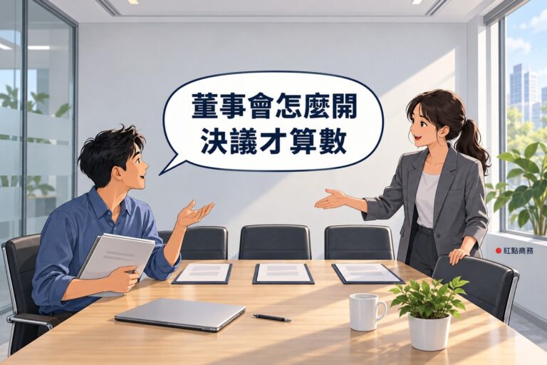 明亮的小公司會議室,左邊短髮、穿霧藍色襯衫的男創辦人坐在木桌前拿著空白資料夾轉頭攤手發問,右邊長髮綁馬尾、穿石墨灰西裝外套的女創辦人站在桌邊微笑,手比向桌邊排好的三張空椅子與三份空白資料夾,對話氣泡寫著董事會怎麼開決議才算數