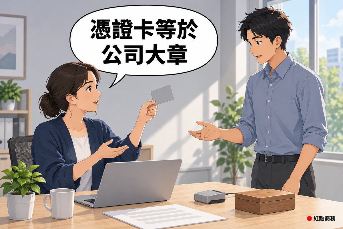明亮的小辦公室,綁低髮髻、穿靛藍色開襟衫的女老闆坐在木桌前,手上拿著一張空白的灰色卡片要交給助理卻停下來叮嚀,旁邊穿霧藍色襯衫的短髮年輕男助理站著伸手傾聽,桌上有沒有標示的讀卡機、螢幕空白的筆電、闔上的木製印章盒、馬克杯和一盆綠色植物,對話氣泡寫著憑證卡等於公司大章