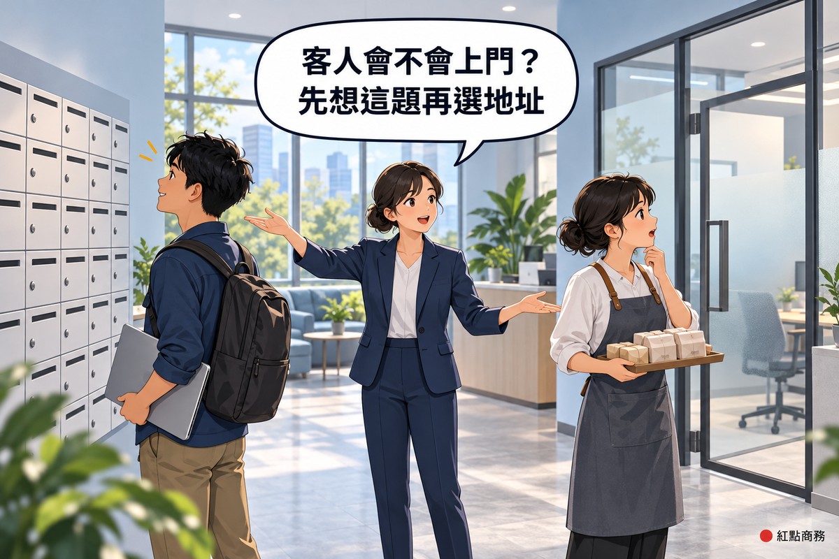 商務中心明亮的接待區裡,一位穿深色套裝的工作人員站在中間說明,一手指向左邊整面空白信箱,一手指向右邊敞開的霧面玻璃辦公室;左邊背著背包、夾著筆電的接案工作者抬頭看著信箱,右邊穿圍裙、端著一盤包裝商品的店主看向辦公室、托著下巴露出疑惑的表情,對話氣泡寫著客人會不會上門,先想這題再選地址