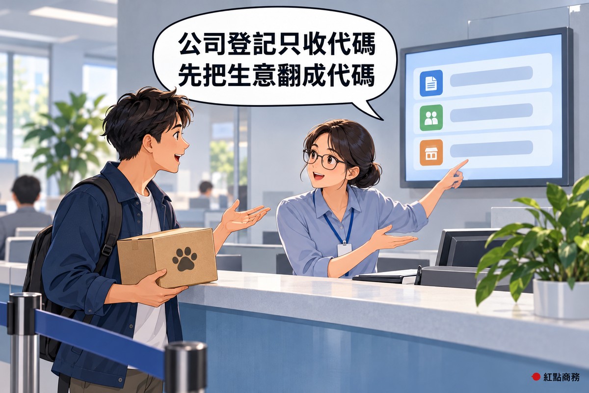 登記服務櫃檯前,一位背著背包的創辦人抱著印有腳掌圖案的紙盒,向承辦人員介紹自己的生意;櫃檯後戴眼鏡、掛著空白識別證的承辦人員一手指著牆上的螢幕,螢幕上是三列圖示和空白長條,另一手攤開像在翻譯,前景有排隊用的欄杆和盆栽,對話氣泡寫著公司登記只收代碼,先把生意翻成代碼