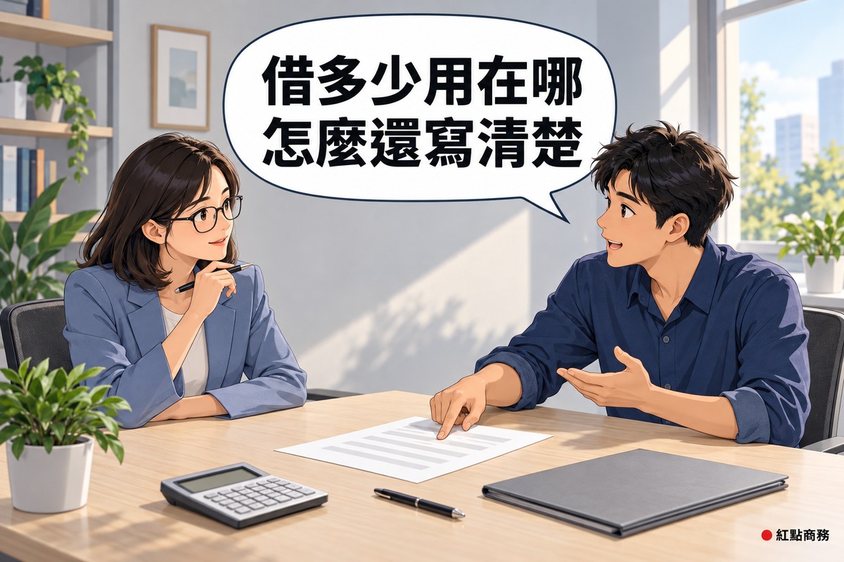 明亮的諮詢桌,右邊穿靛藍色襯衫、短髮的年輕咖啡店老闆身體前傾、手指著只有灰色橫條的空白文件開口說明,左邊戴眼鏡、穿霧藍色西裝外套的放款專員拿筆點頭聆聽,桌上有灰色資料夾、螢幕空白的計算機、筆和一盆綠色植物,對話氣泡寫著借多少用在哪怎麼還寫清楚