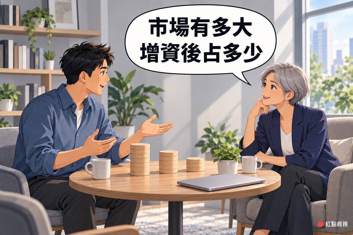 明亮的共享辦公休息區,左邊穿霧藍色襯衫的短髮創辦人攤開一手指向桌上三疊高度不同的空白木製圓片開口說明,右邊銀色短髮、穿靛藍色西裝外套的天使投資人坐在扶手椅上托著下巴前傾聆聽,桌上有闔上的筆電、兩個馬克杯和一盆綠色植物,對話氣泡寫著市場有多大增資後占多少
