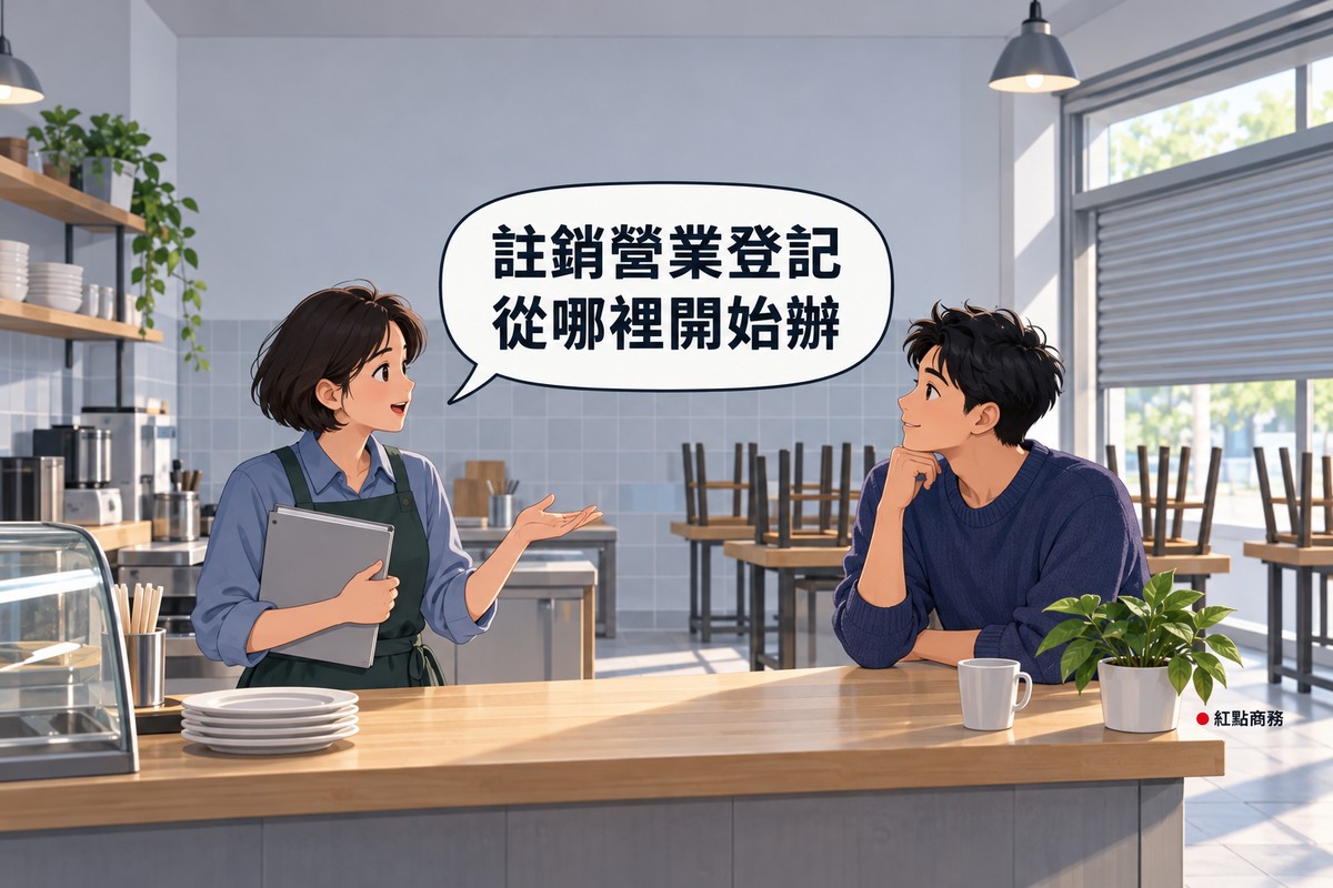 打烊後明亮的早餐店裡，左邊穿深綠色圍裙、短髮的女老闆站在木頭櫃台後，把一個灰色資料夾抱在胸前、另一手攤開發問，右邊穿靛藍色針織衫的男子手托著下巴、手臂靠在櫃台上聽著，櫃台上有疊好的白盤子、馬克杯和一盆綠色植物，後面是淡灰藍色磁磚牆、椅子倒放在桌上，窗邊的鐵捲門拉下一半，對話氣泡寫著註銷營業登記從哪裡開始辦