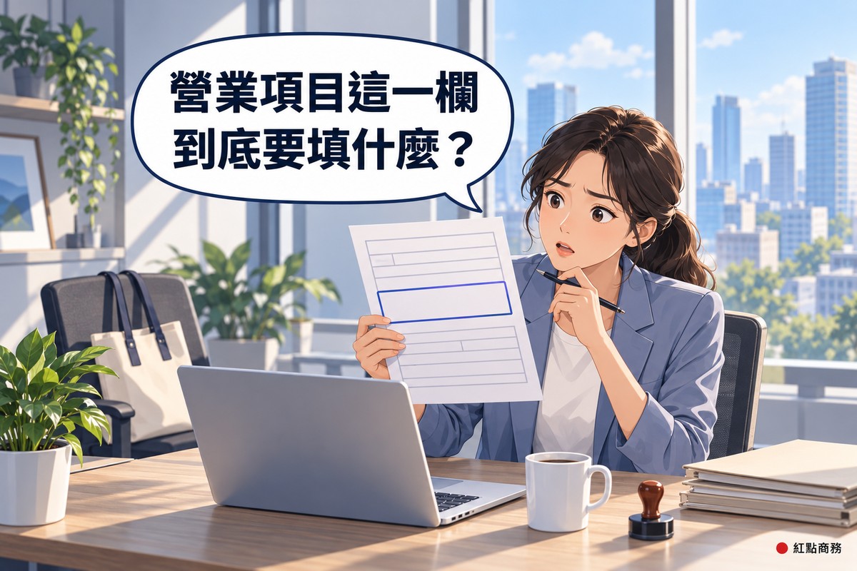明亮的小辦公室裡，一位紮著馬尾、穿灰藍色西裝外套的創業者坐在木桌前，面前是打開的筆電；她一手舉著一張只有空白格子的申請表，表格中間有一個用靛藍色框起來的大空格，另一手拿著筆抵在下巴，皺著眉、嘴巴微張地盯著那一格；桌上有一顆木柄圓章、一個裝著咖啡的馬克杯、一盆綠色植物和一疊空白資料夾，旁邊的椅子上放著托特包，落地窗外是白天的城市高樓，對話氣泡寫著營業項目這一欄，到底要填什麼