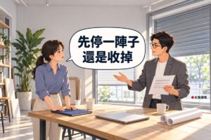 明亮的設計工作室，窗邊的鐵捲門拉下一半，左邊綁低馬尾、穿藍色上衣的女老闆雙手按在靛藍色資料夾上發問，右邊戴眼鏡、穿灰色西裝外套的男顧問一手攤開、一手拿著空白紙說明，對話氣泡寫著先停一陣子還是收掉