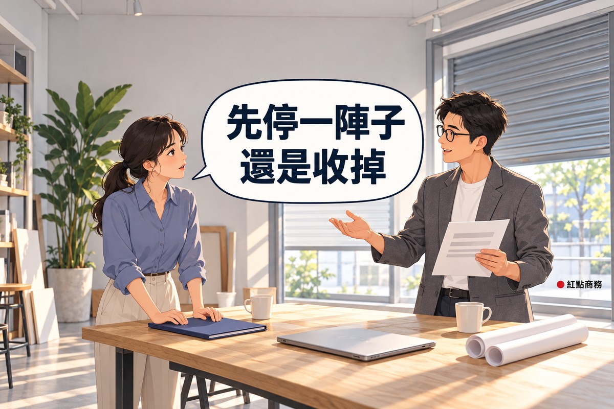 明亮的設計工作室，窗邊的鐵捲門拉下一半，左邊綁低馬尾、穿藍色上衣的女老闆雙手按在靛藍色資料夾上發問，右邊戴眼鏡、穿灰色西裝外套的男顧問一手攤開、一手拿著空白紙說明，對話氣泡寫著先停一陣子還是收掉