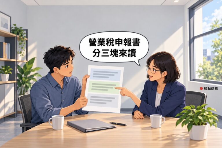明亮的會議角落,左邊穿霧藍色襯衫的短髮年輕老闆兩手拿著一張分成三段淡色區塊、只有灰色橫條的空白申報書,右邊戴眼鏡、鮑伯短髮、穿靛藍色西裝外套的會計師身體前傾指著中間那一段,桌上有灰色資料夾、筆、兩個馬克杯和一盆綠色植物,對話氣泡寫著營業稅申報書分三塊來讀