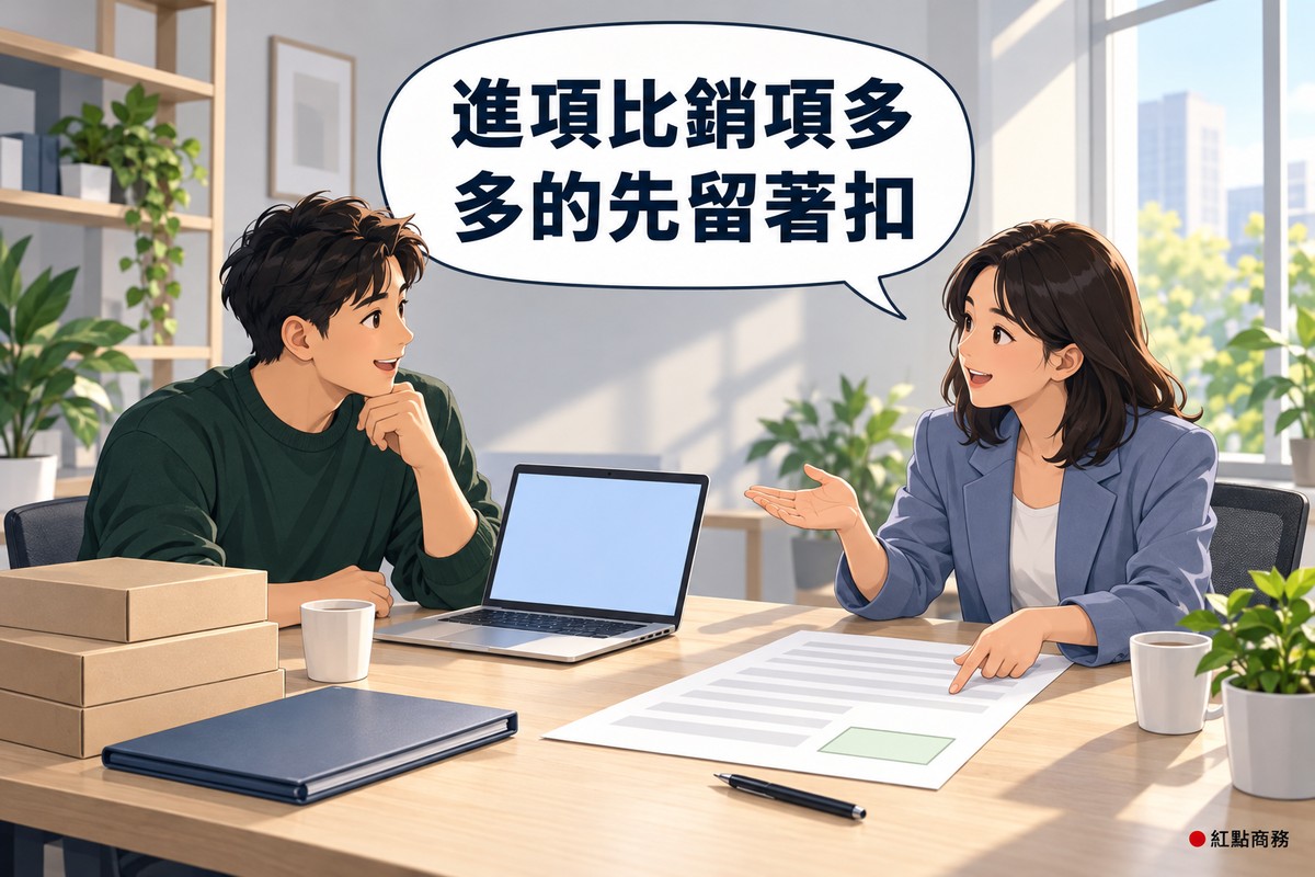 明亮的會議角落,左邊穿深綠色毛衣的短髮年輕老闆坐在木桌前,旁邊放著空白紙箱與資料夾,右邊穿霧藍色西裝外套、及肩黑髮的會計師指著桌上一張右下角有淡綠色方格、其餘只有灰色橫條的空白申報書微笑說明,老闆托著下巴微笑聽,桌上有螢幕空白的筆電、筆、兩個馬克杯和一盆綠色植物,對話氣泡寫著進項比銷項多多的先留著扣