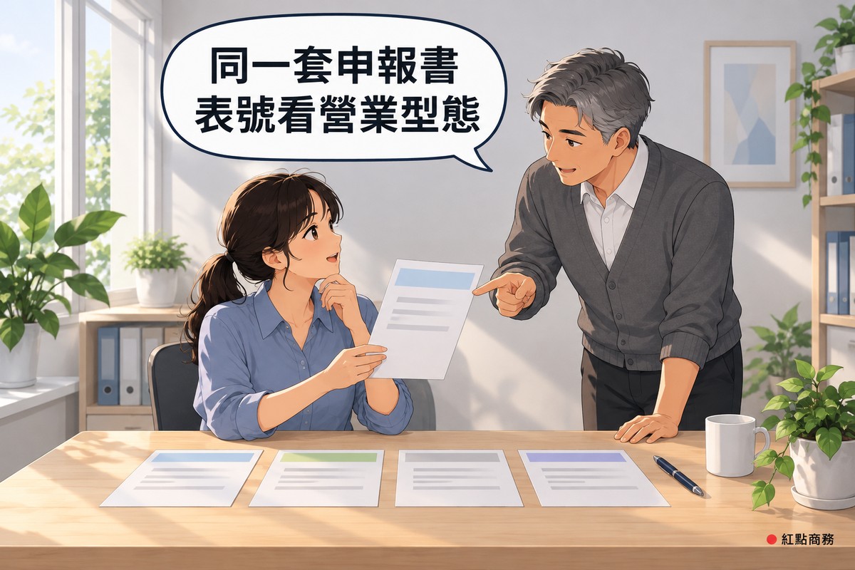 明亮的小辦公室,左邊綁低馬尾、穿霧藍色襯衫的店老闆坐在木桌前,桌上並排四張頂端顏色不同、只有灰色橫條的空白表單,她拿起其中一張端詳,右邊灰色短髮、穿石墨灰開襟衫的記帳人員彎身用手指點著那張表單說明,桌上有筆、馬克杯和一盆綠色植物,對話氣泡寫著同一套申報書表號看營業型態