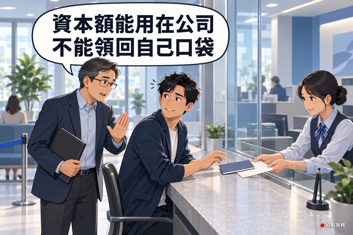 銀行櫃檯前,一位穿深藍色外套的創業者坐在椅子上,伸手想把剛推過去的深藍色存摺拿回來,轉頭帶著不太確定的笑容往後看;玻璃隔板後面穿制服背心的行員雙手拿著一張空白的存款單,站在創業者後方、戴眼鏡、夾著黑色資料夾的會計師舉起手掌示意不行,一邊開口說話,後方有排隊的紅龍柱、等候區的人和盆栽,對話氣泡寫著資本額能用在公司,不能領回自己口袋