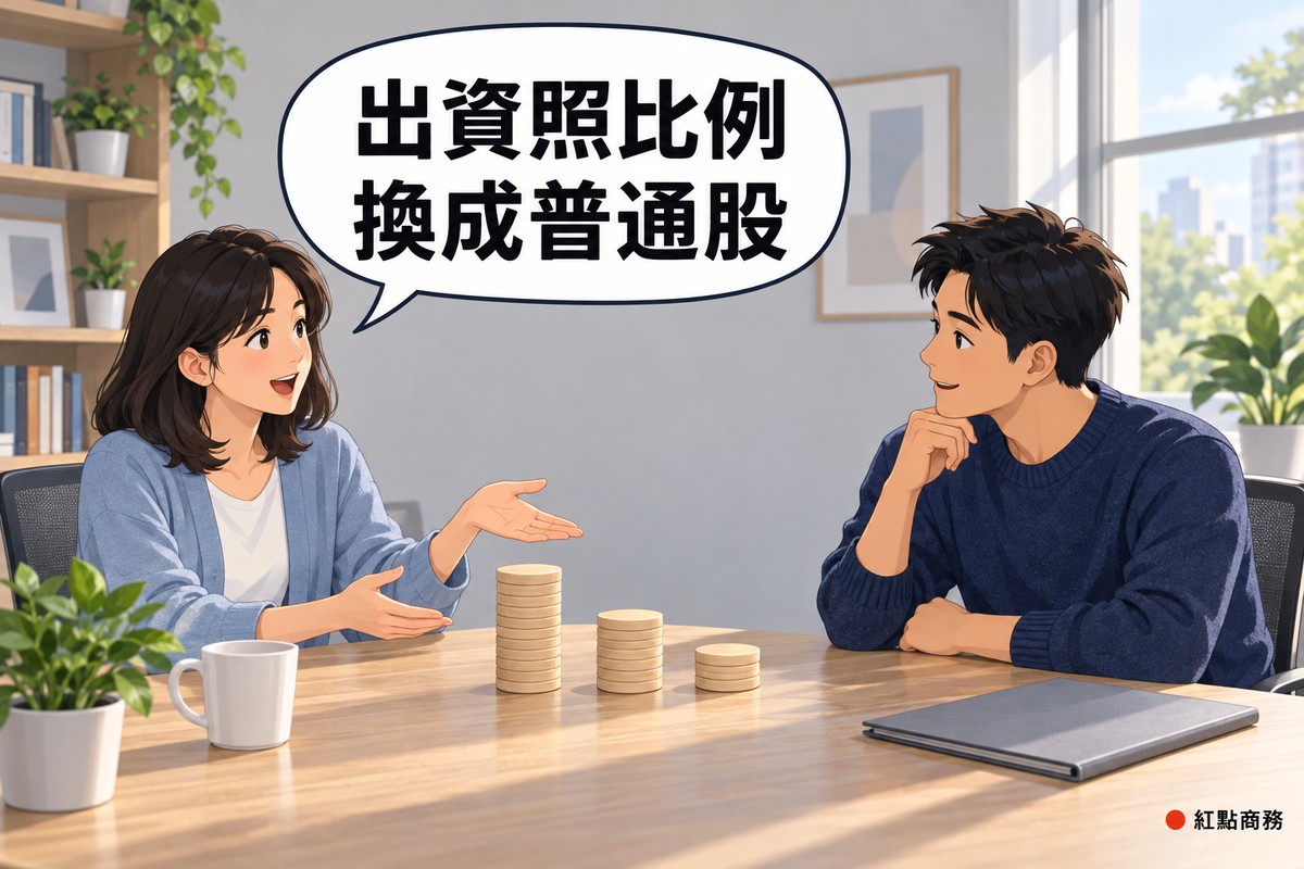 明亮的小辦公室,左邊穿霧藍色開襟衫、及肩黑髮的女創辦人攤開一手指向桌上三疊高度不同的空白木製圓片並開口說明,右邊穿靛藍色針織衫的男投資人身體微微前傾點頭,桌上有灰色資料夾、馬克杯和一盆綠色植物,對話氣泡寫著出資照比例換成普通股