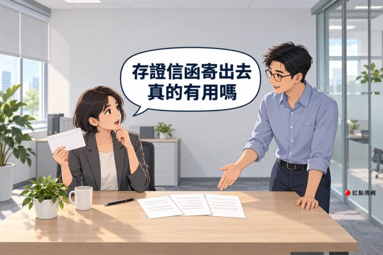 明亮的商務中心小辦公室,左邊短鮑伯頭、穿石墨灰西裝外套的女老闆坐在木桌前舉著一個空白信封轉頭發問,右邊短髮、戴眼鏡、穿霧藍色襯衫的男同事站在桌邊,攤手指著桌上三張並排的空白紙張說明,桌上有筆、馬克杯和一盆綠色植物,背後是霧面玻璃隔間,對話氣泡寫著存證信函寄出去真的有用嗎